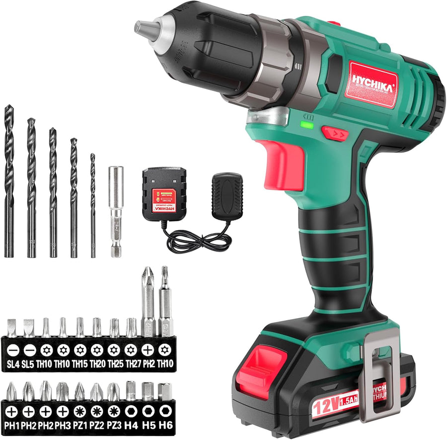 HYCHIKA 12V Cordless Drill & Electric Screwdriver, 30Nm Torque, 21+1 Settings, 2-Speed 0–1500 RPM, LED Work Light, 1.5Ah Li-Ion Battery & 26-Piece Accessory Kit
