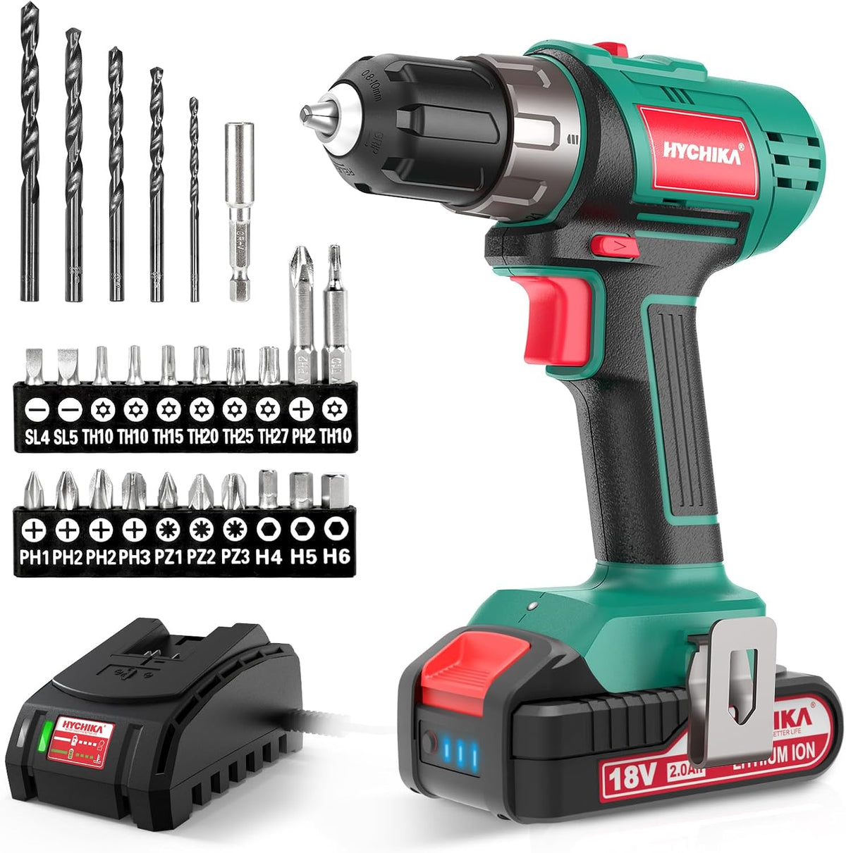 HYCHIKA 18V Cordless Drill Driver, 35Nm Torque, 21+1 Settings, 2-Speed 0–1500 RPM, 10mm Keyless Chuck, LED Work Light, 2.0Ah Battery, Fast Charger & 26-Piece Accessory Set
