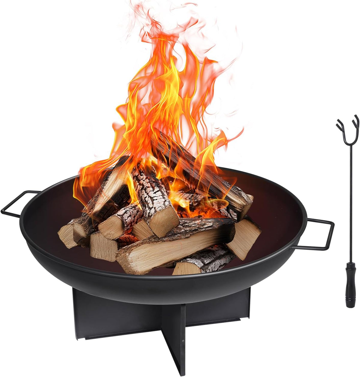 HYCHIKA 60cm Outdoor Fire Pit Bowl, Round Iron Garden Fire Bowl with Carry Handles for Patio, Garden & Camping, Suitable for Wood, Charcoal & Briquettes