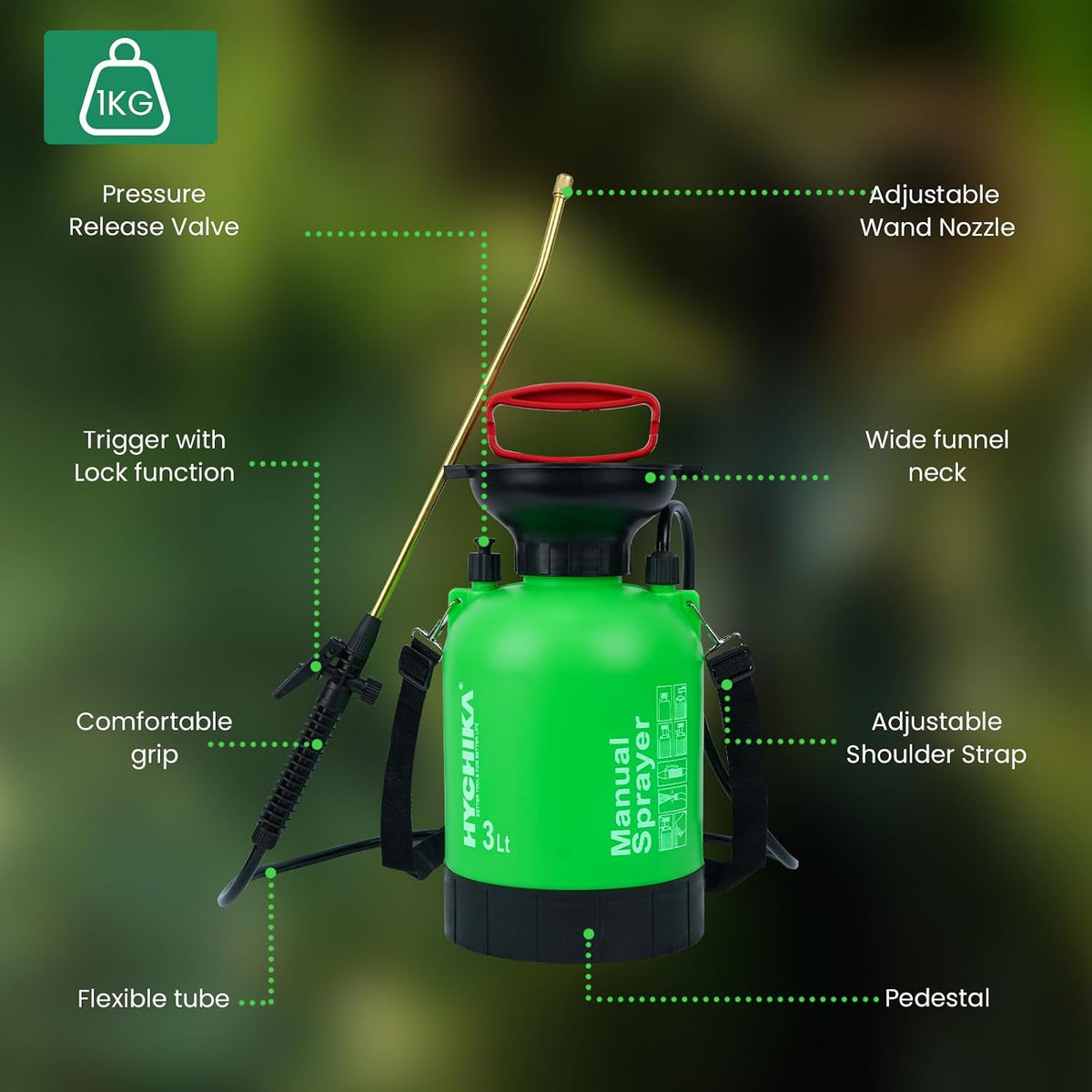 HYCHIKA 3L Garden Pressure Sprayer, Pump Spray Bottle with Adjustable Nozzle, Continuous Spray Lock, 500mm Metal Lance, Pressure Relief Valve & Shoulder Strap