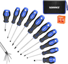 SORAKO 11-Piece Magnetic Screwdriver Set, CR-V Steel Phillips & Slotted Screwdrivers with Non-Slip Handles, 2-in-1 Magnetiser/Demagnetiser & Storage Bag