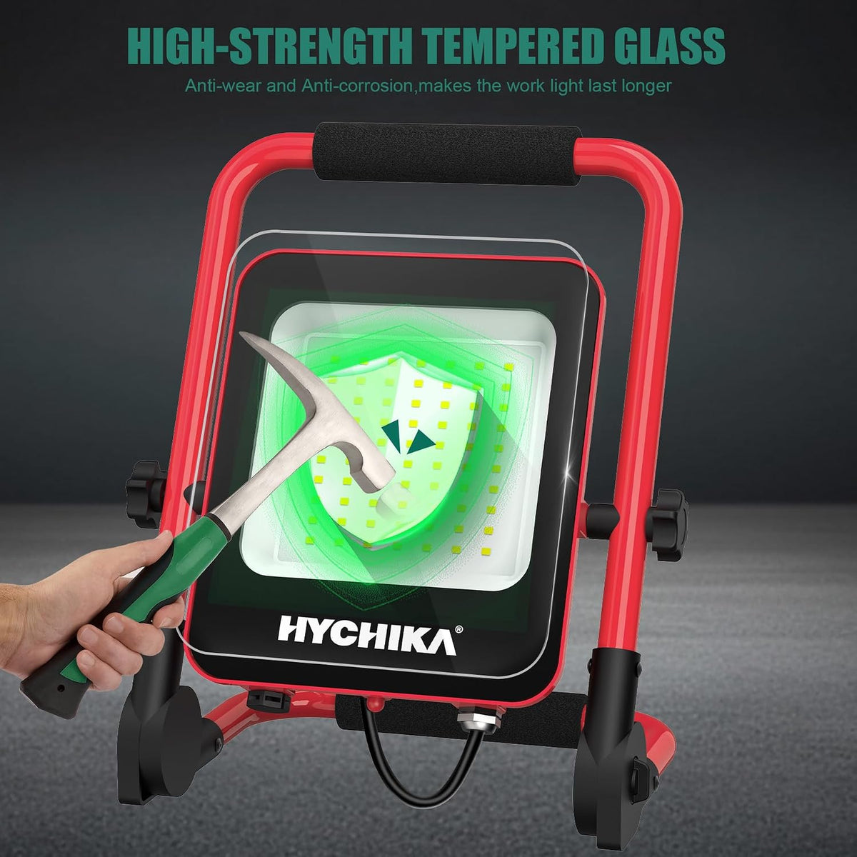 HYCHIKA 50W LED Work Light, 5500LM Portable Site Light with 360° Adjustable Foldable Stand, IP65 Weather-Resistant 6500K Daylight Floodlight for Workshop, Garage, Construction & Outdoor Use