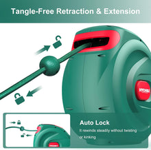 HYCHIKA 30M Retractable Garden Hose Reel, Wall-Mounted Auto Rewind Hose with 180° Swivel Bracket, Auto Lock & 8-Pattern Spray Gun