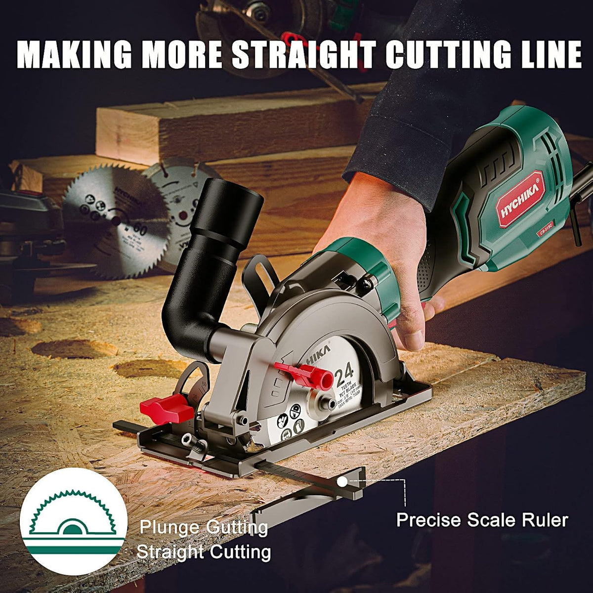 HYCHIKA 750W Mini Circular Saw, 3500 RPM Compact Corded Saw with 3 Blades, 0–45° Bevel & 48mm Cutting Depth for Wood, Metal, Plastic & Tile