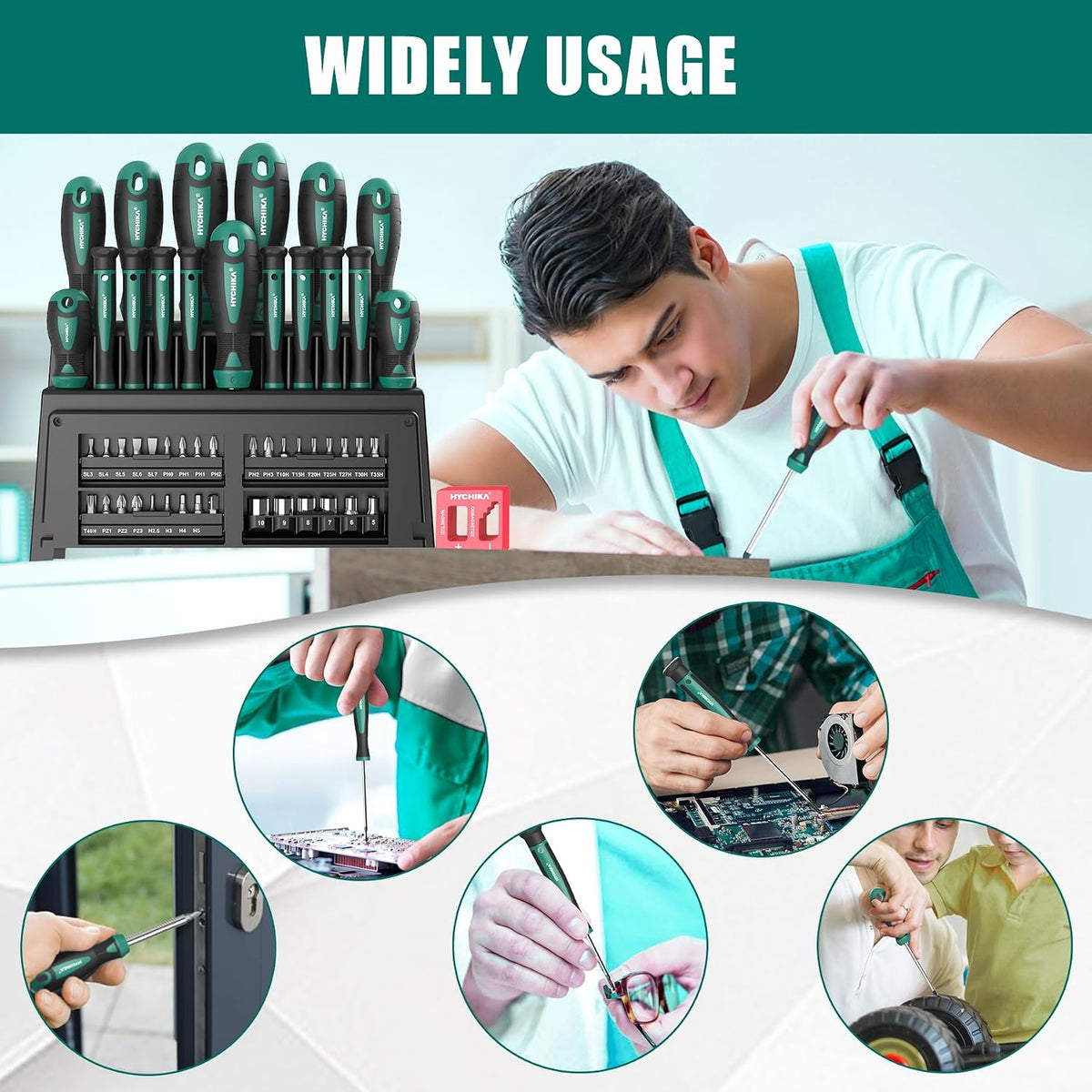 HYCHIKA 51-Piece Magnetic Screwdriver Set, CR-V Screwdrivers & Precision Bits with Torx, Phillips, Pozidriv, Slotted, Hex, Sockets & Storage Rack