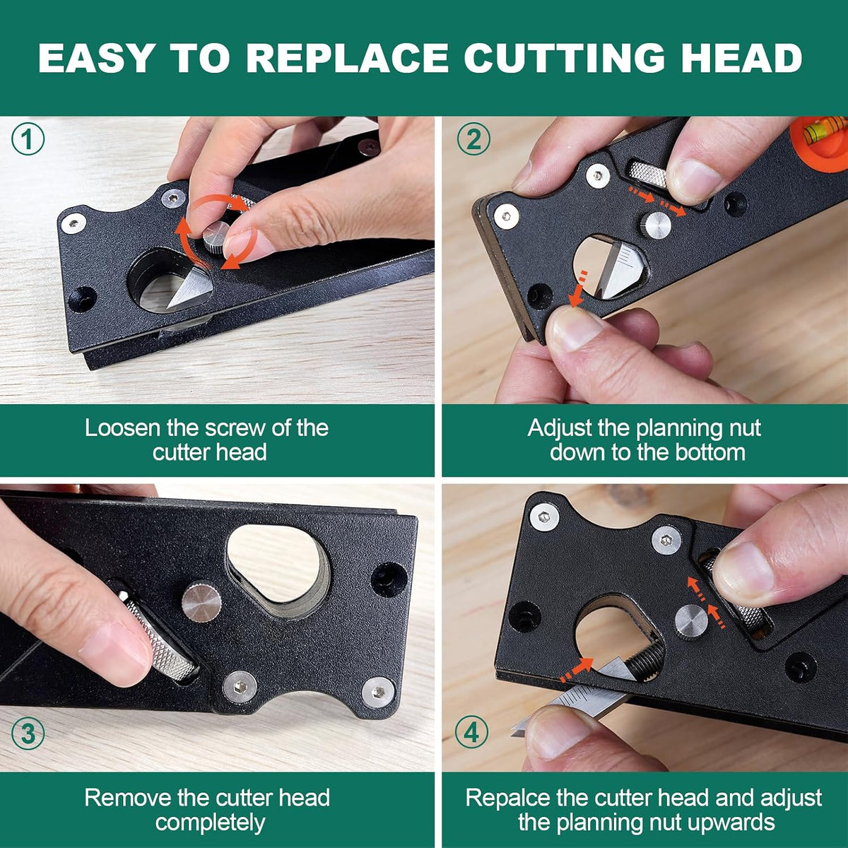 HYCHIKA 45° Chamfer Plane for Woodworking, Adjustable Edge Planer with 4 Cutter Heads, Dual Bubble Levels & Ergonomic Handle for Trimming and Corner Chamfering