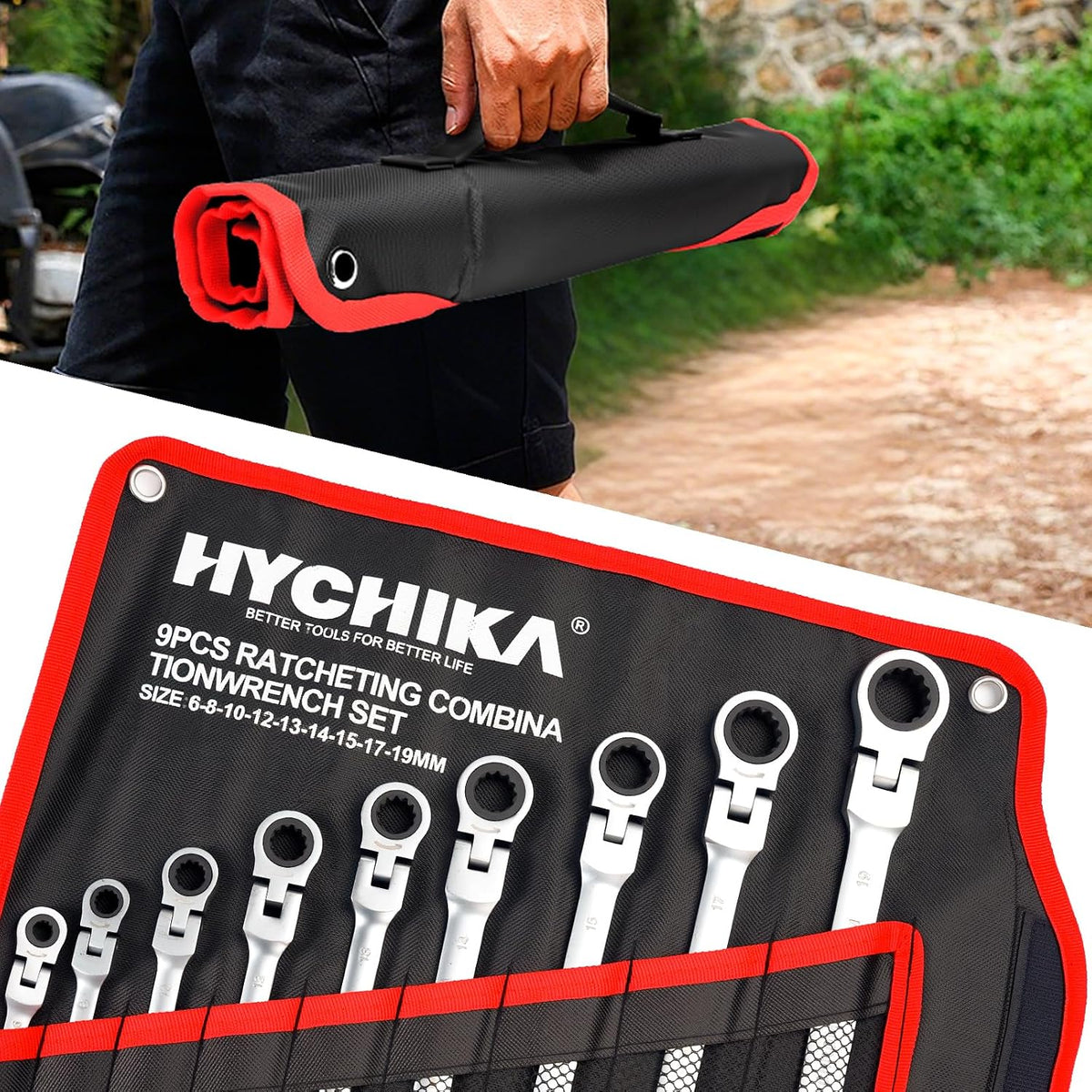 HYCHIKA 9-Piece Flex-Head Ratchet Spanner Set, 6-19mm Metric Combination Wrenches with 72-Tooth Ratchet, 180° Flexible Head & Roll Bag
