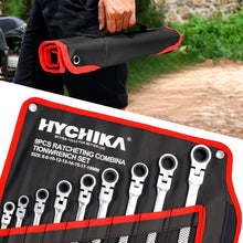 HYCHIKA 9-Piece Flex-Head Ratchet Spanner Set, 6-19mm Metric Combination Wrenches with 72-Tooth Ratchet, 180° Flexible Head & Roll Bag