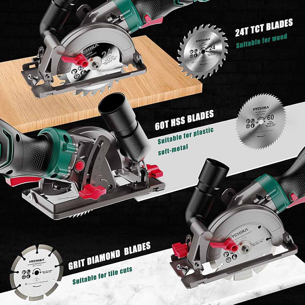 HYCHIKA 750W Mini Circular Saw, 3500 RPM Compact Corded Saw with 3 Blades, 0–45° Bevel & 48mm Cutting Depth for Wood, Metal, Plastic & Tile