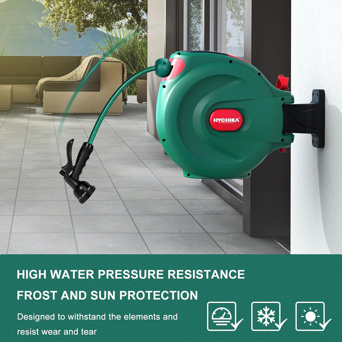 HYCHIKA 30M Retractable Garden Hose Reel, Wall-Mounted Auto Rewind Hose with 180° Swivel Bracket, Auto Lock & 8-Pattern Spray Gun