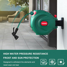 HYCHIKA 30M Retractable Garden Hose Reel, Wall-Mounted Auto Rewind Hose with 180° Swivel Bracket, Auto Lock & 8-Pattern Spray Gun