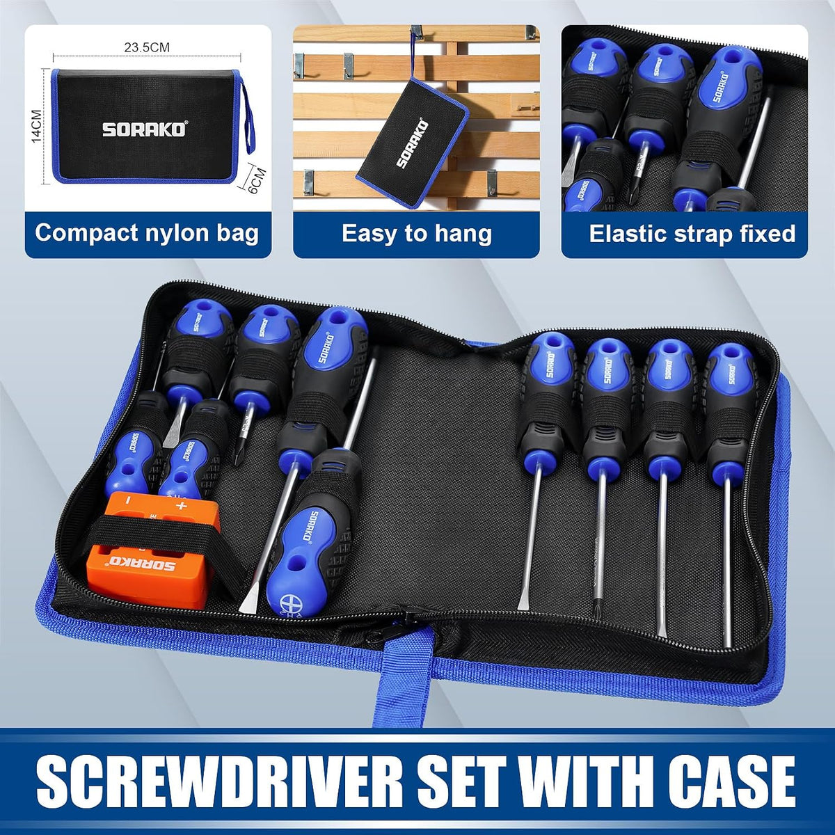 SORAKO 11-Piece Magnetic Screwdriver Set, CR-V Steel Phillips & Slotted Screwdrivers with Non-Slip Handles, 2-in-1 Magnetiser/Demagnetiser & Storage Bag