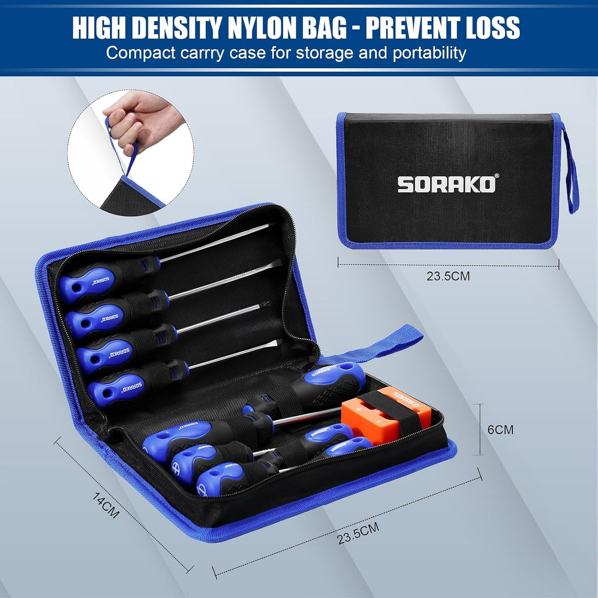 SORAKO 11-Piece Magnetic Screwdriver Set, CR-V Steel Phillips & Slotted Screwdrivers with Non-Slip Handles, 2-in-1 Magnetiser/Demagnetiser & Storage Bag