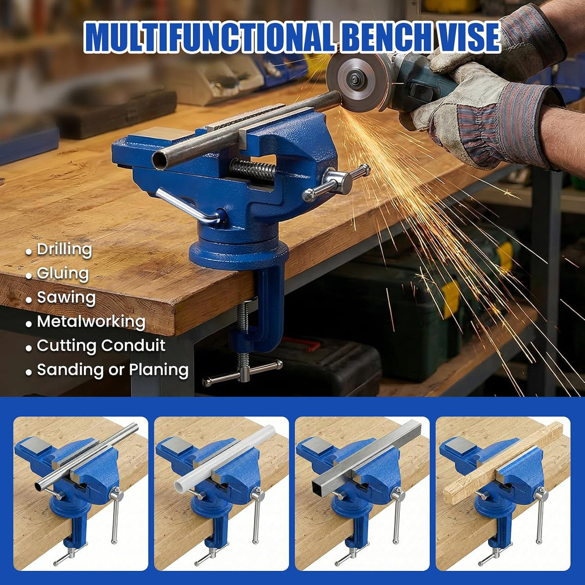 HYCHIKA 80mm Bench Vice, 360° Swivel Mini Table Vice with Rubber Jaw Pads, Portable Workbench Clamp for Woodworking, Drilling, Sanding, Grinding & DIY