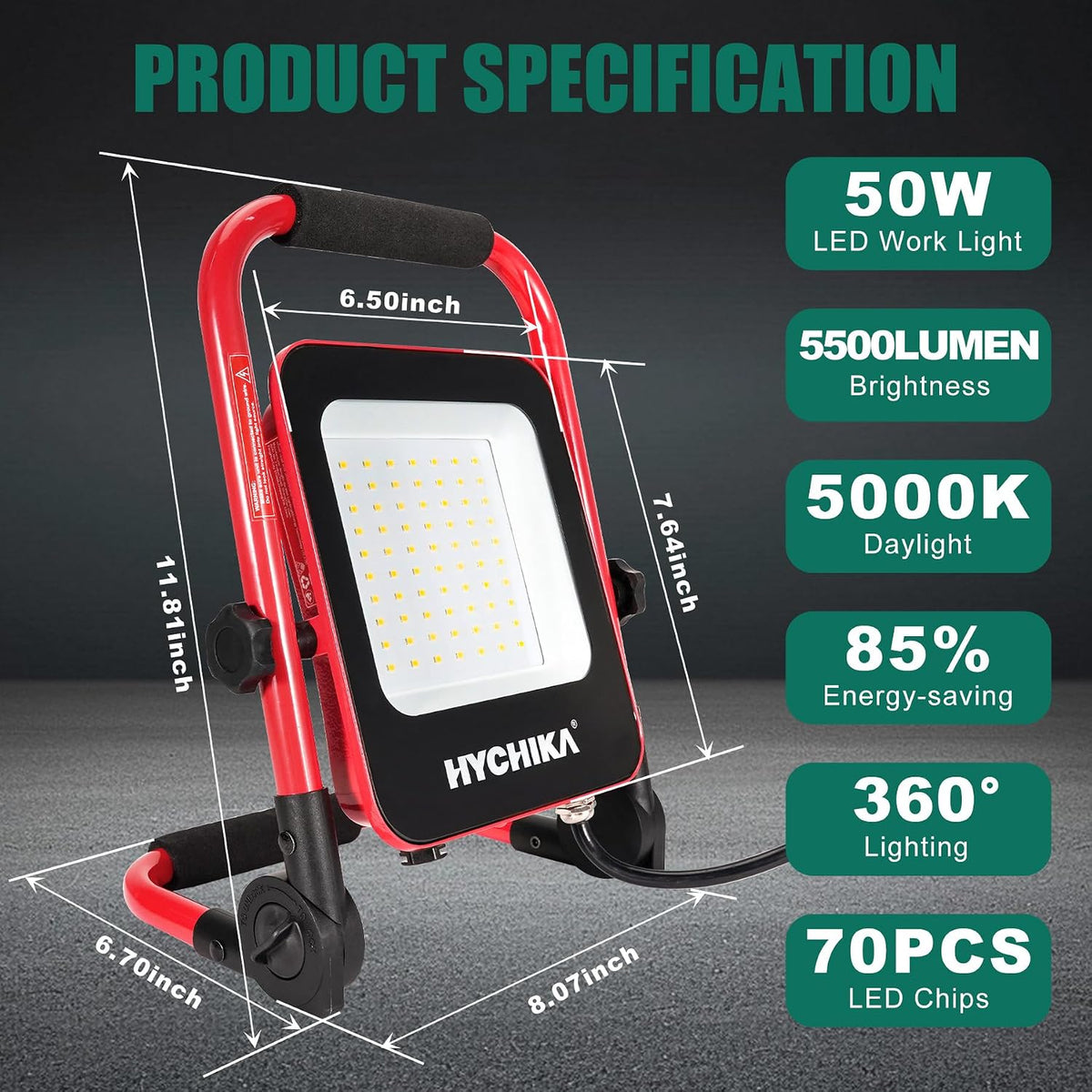HYCHIKA 50W LED Work Light, 5500LM Portable Site Light with 360° Adjustable Foldable Stand, IP65 Weather-Resistant 6500K Daylight Floodlight for Workshop, Garage, Construction & Outdoor Use