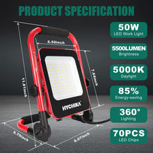 HYCHIKA 50W LED Work Light, 5500LM Portable Site Light with 360° Adjustable Foldable Stand, IP65 Weather-Resistant 6500K Daylight Floodlight for Workshop, Garage, Construction & Outdoor Use