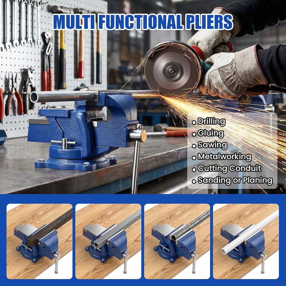 HYCHIKA 4" / 100mm Bench Vice, Heavy-Duty Cast Iron Workbench Vice with 360° Swivel Base & Anvil for Woodworking, Metalworking, Drilling & Cutting