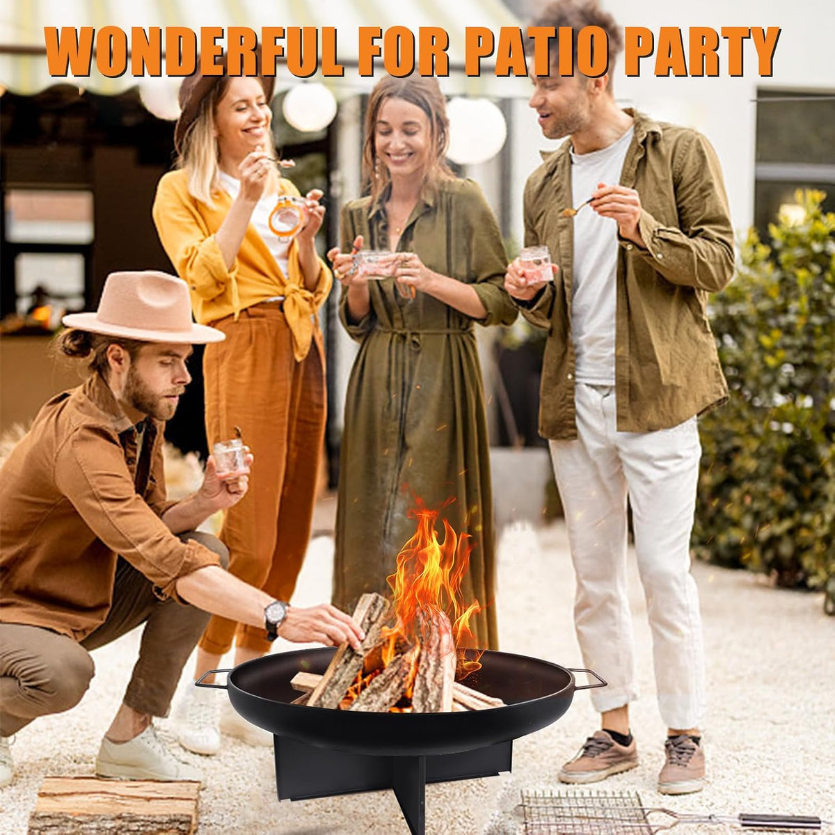 HYCHIKA 60cm Outdoor Fire Pit Bowl, Round Iron Garden Fire Bowl with Carry Handles for Patio, Garden & Camping, Suitable for Wood, Charcoal & Briquettes