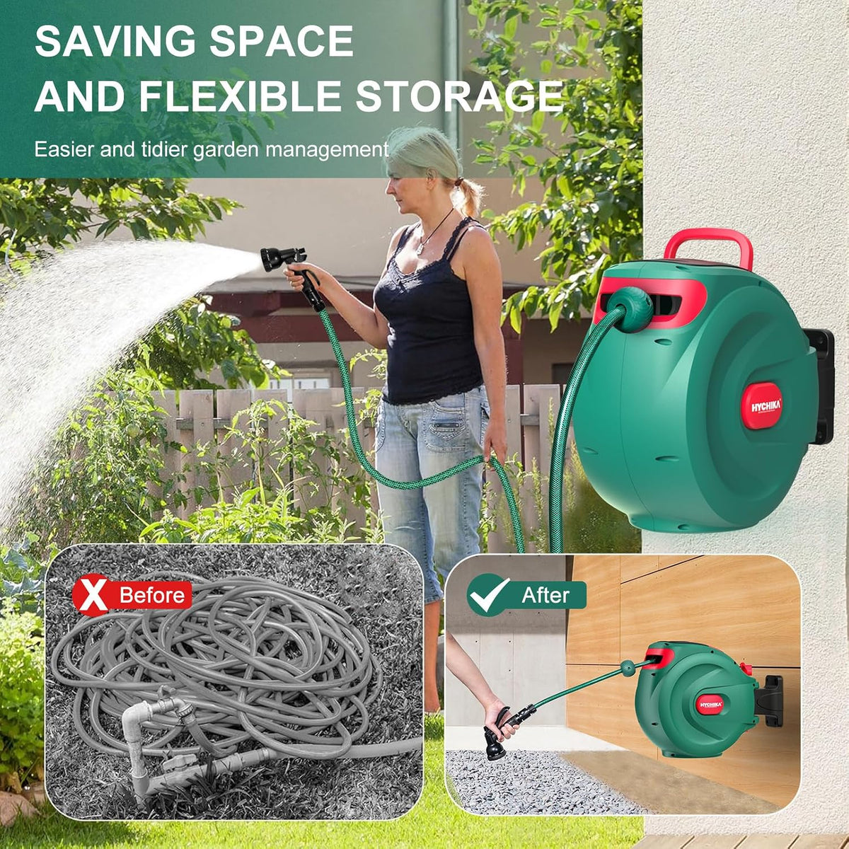 HYCHIKA 30M Retractable Garden Hose Reel, Wall-Mounted Auto Rewind Hose with 180° Swivel Bracket, Auto Lock & 8-Pattern Spray Gun