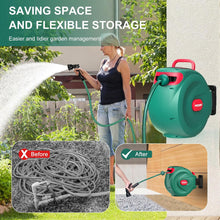 HYCHIKA 30M Retractable Garden Hose Reel, Wall-Mounted Auto Rewind Hose with 180° Swivel Bracket, Auto Lock & 8-Pattern Spray Gun