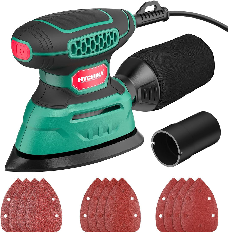HYCHIKA 140W Detail Mouse Sander, 13,000 OPM Electric Sander with Dust Collection, Vacuum Adapter & 12 Sanding Sheets for Wood, Paint & Rust Removal