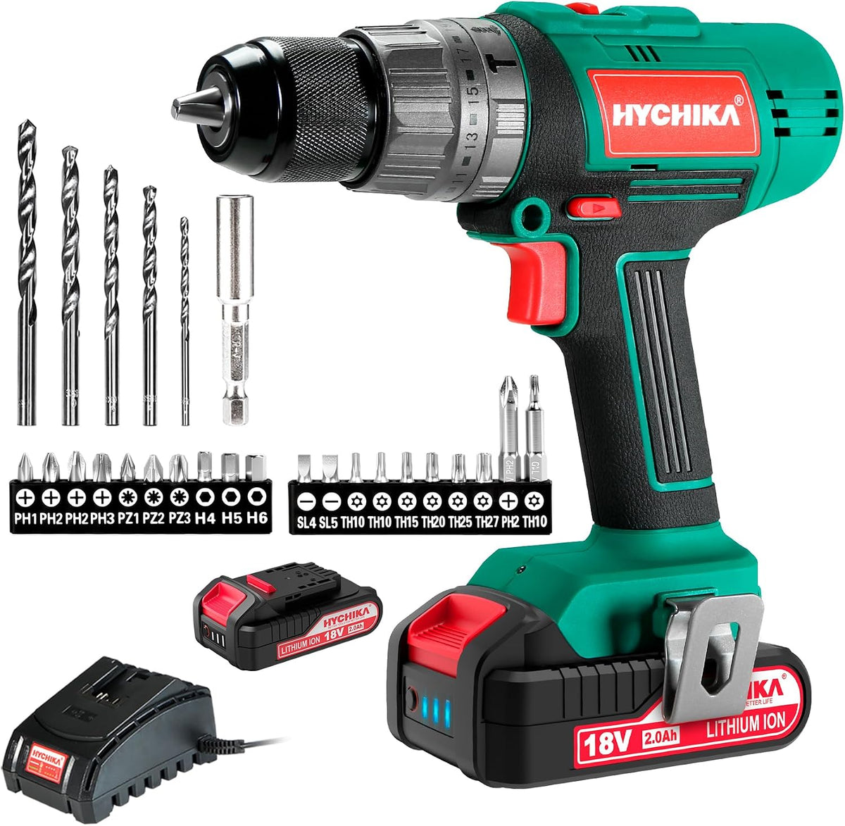 HYCHIKA 18V Cordless Combi Drill, 45Nm Torque, 21+3 Settings, 2-Speed 0–1500 RPM, 13mm Keyless Chuck, LED Work Light, 2.0Ah Li-Ion Battery & 27-Piece Accessory Kit