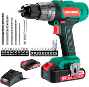 HYCHIKA 18V Cordless Combi Drill, 45Nm Torque, 21+3 Settings, 2-Speed 0–1500 RPM, 13mm Keyless Chuck, LED Work Light, 2.0Ah Li-Ion Battery & 27-Piece Accessory Kit