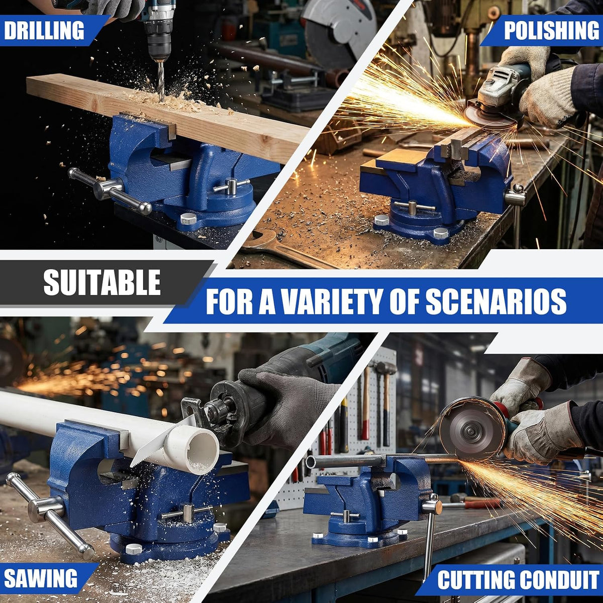 HYCHIKA 4" / 100mm Bench Vice, Heavy-Duty Cast Iron Workbench Vice with 360° Swivel Base & Anvil for Woodworking, Metalworking, Drilling & Cutting